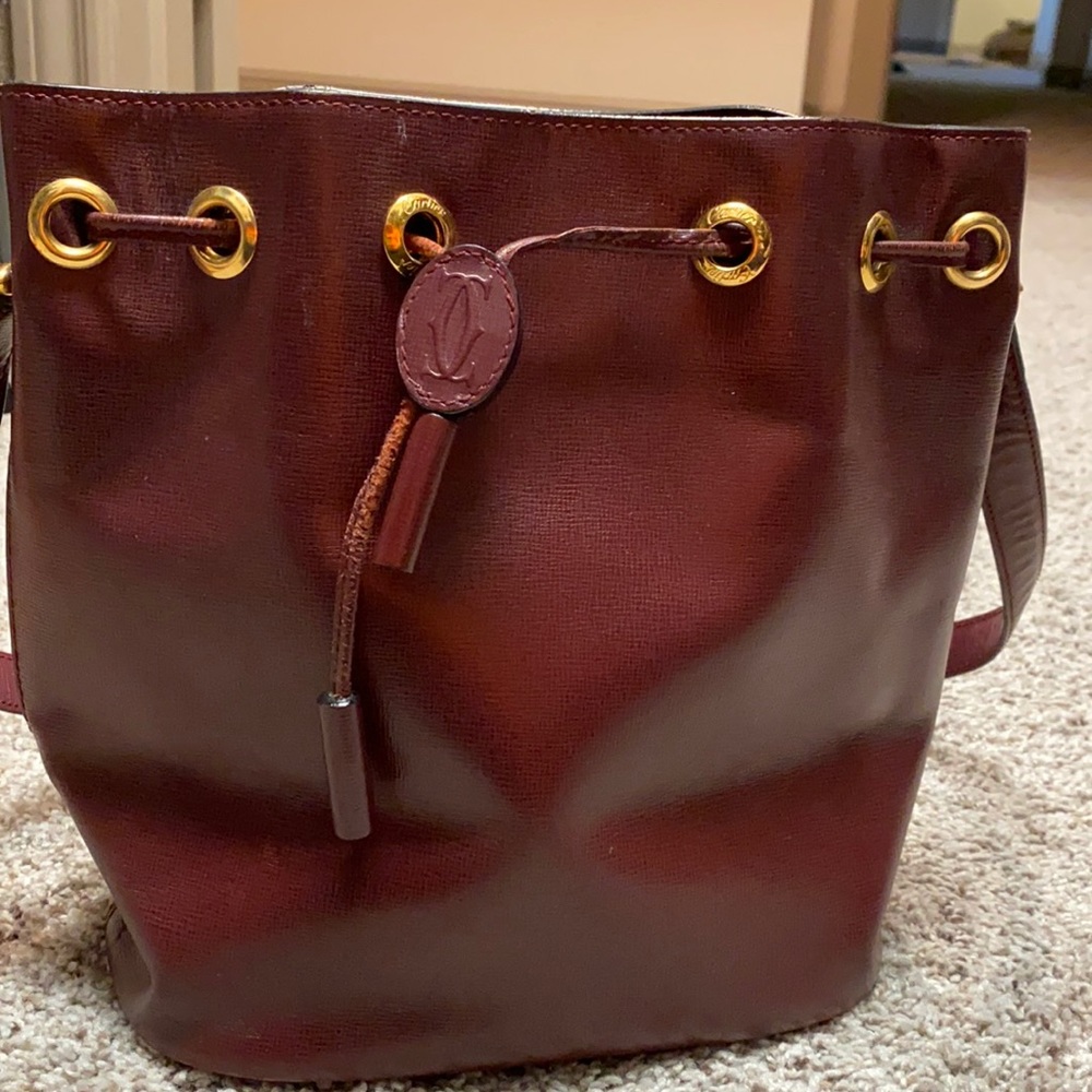 cartier burgundy cowhide leather small bucket bag